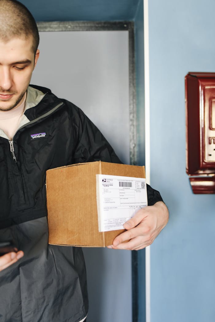 portfolio-05 A man holding a cardboard box inside a bright room.